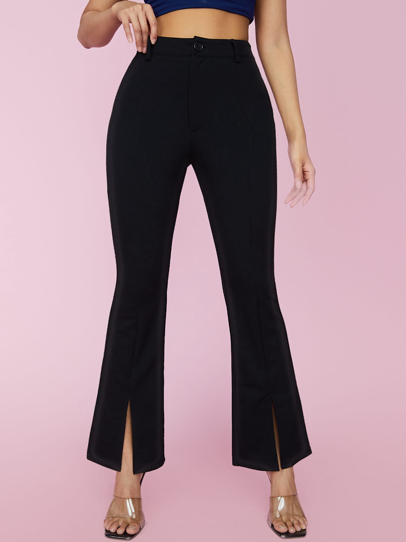 Black Women's Solid Slit Hem Flare Leg 