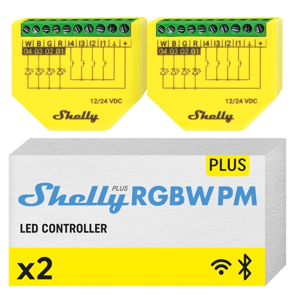 Controlador LED Shelly Plus RGBW PM WiFi Bluetooth, paquete de 2
