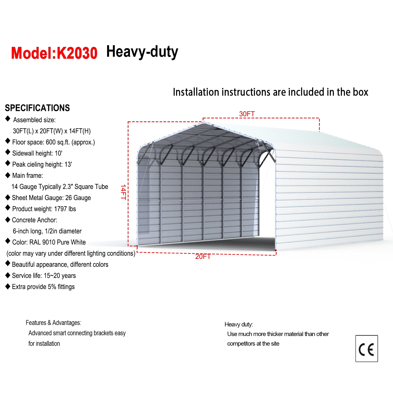 20' x 30' Heavy-Duty Metal Garage – 14-Gauge Steel Frame, 13' Peak Roof  Carport