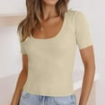 thumbnail image 2 of Penkiiy Women's Short Sleeve Square Neck Ribbed Knit Pullover Slim Fit Basic T Shirt Tops 2XL Beige, 2 of 8