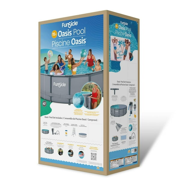 Funsicle 15ft Oasis Round Above Ground Frame Pool, Gray, SkimmerPlus Pump, Ladder & Cover, Age 6 & up, Round above ground pool