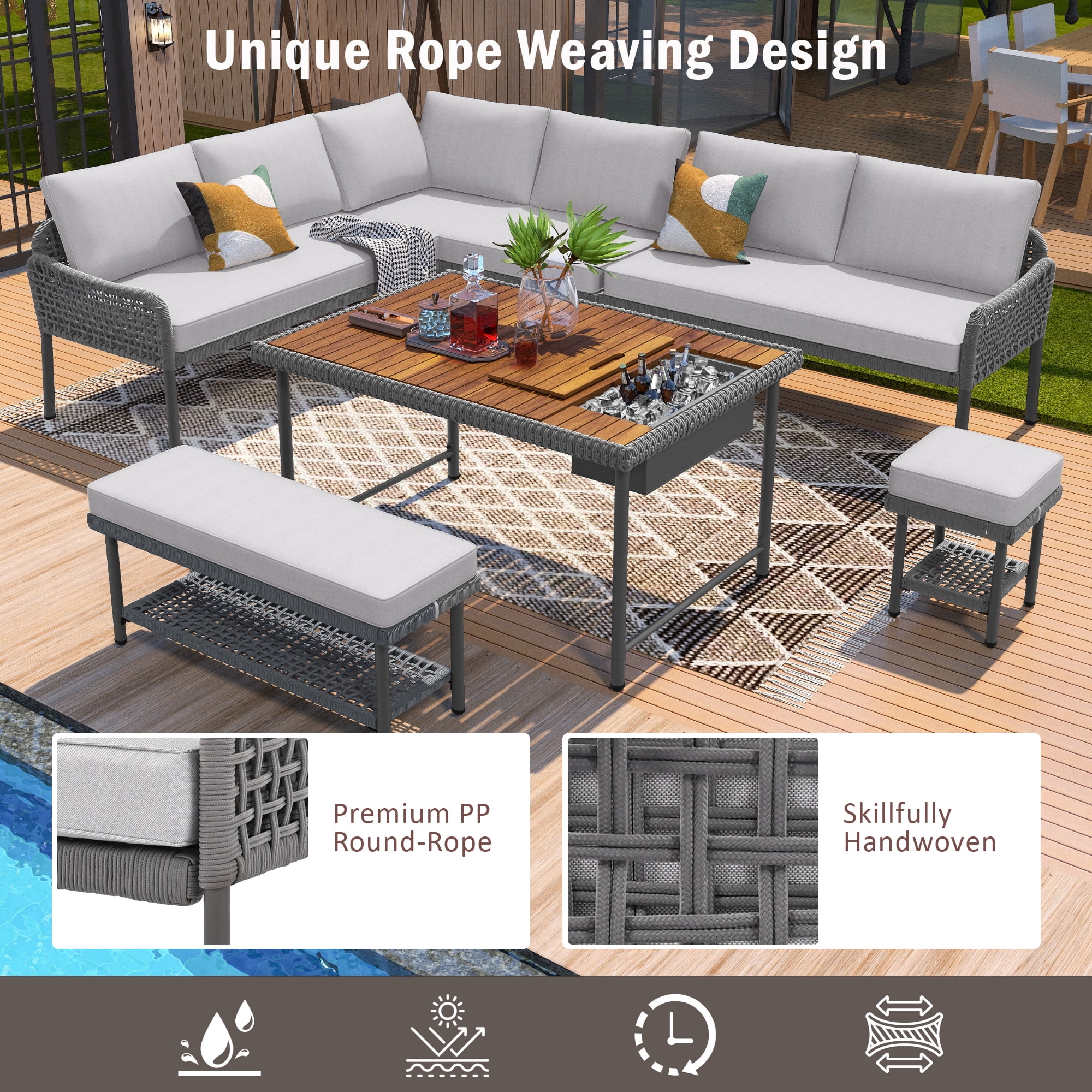 Aukfa 6-Piece Outdoor Furniture Set, Rope Weave Patio Conversation Set w/ Wood Table & Icebox, Gray