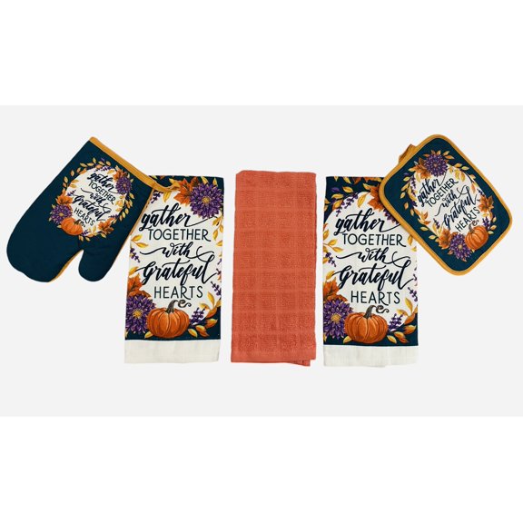 Serafina Home Farmhouse Autumn Thanksgiving Kitchen Towels and Pot Holder Set, 5 Count