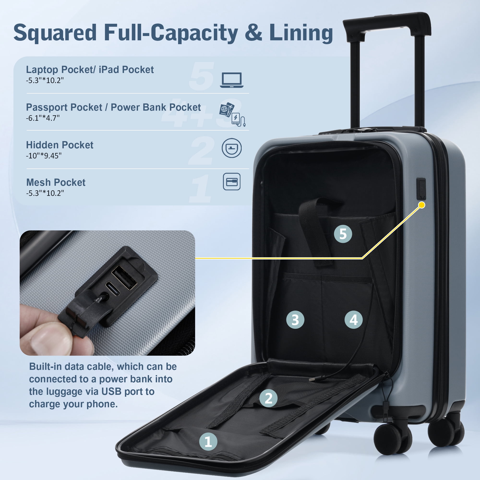 Luggage Sets 5 Piece with Front Opening, Hardside Expandable Carry On Suitcase Set with Double Spinner Wheel, Lightweight Travel Luggage with USB Port, TSA Locks(20"24"28")