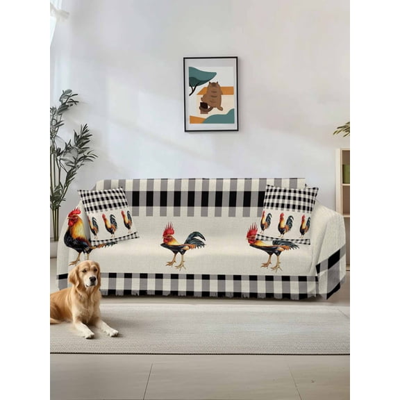Black White Plaid Rooster Sofa Covers for 2-3 Cushion Couch L-Shaped Sectional, Vintage Farmhouse Checkered Rustic Washable Sofa Covers Slipcover for Living Room, Couch Cover Blanket 71"x134"