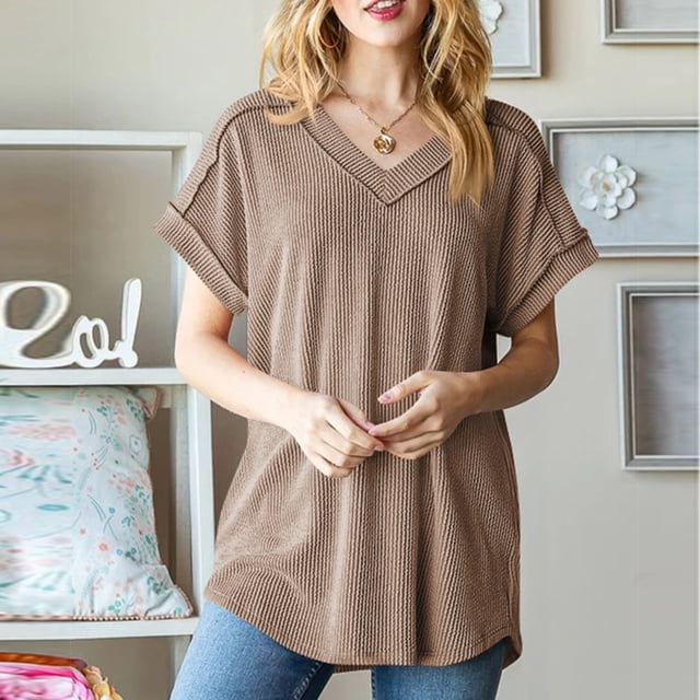 Blouses pour Femmes, Mode Décontractée Tricotée Manches Courtes Col en V Blouse