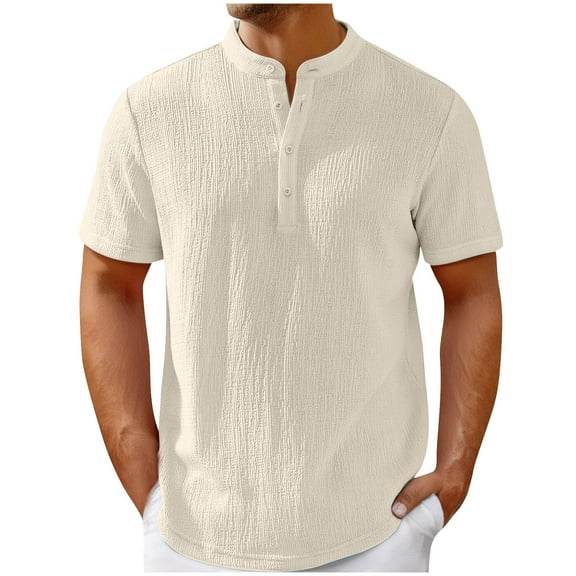 Men's Casual Henley Shirts Short Sleeve Stand Collar Summer Hippie T-Shirts Button Down Solid Beach Tee Tops