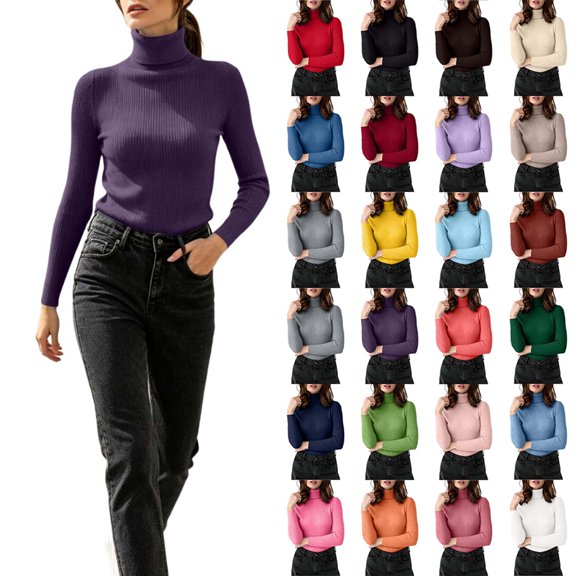 DYTTDG Women's Ribbed Turtleneck Long Sleeve Knit Pullover, Solid Stretch Slim Soft Base Layer Sweater for Fall Winter Daily Layering