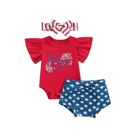 

Canrulo 4th of July Baby Girls 3pcs Clothes Outfits Short Sleeve Letter Print Romper + Star Shorts + Headband Sets Red 18-24 Months