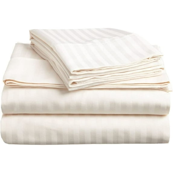 Hotel Soft 600-Thread Count Soft Egyptian Cotton Easy Care 4-PCs Sheet Set Fit upto 9-12" Inch Deep Pockets Stripe Pattern ( Twin XL, Ivory )