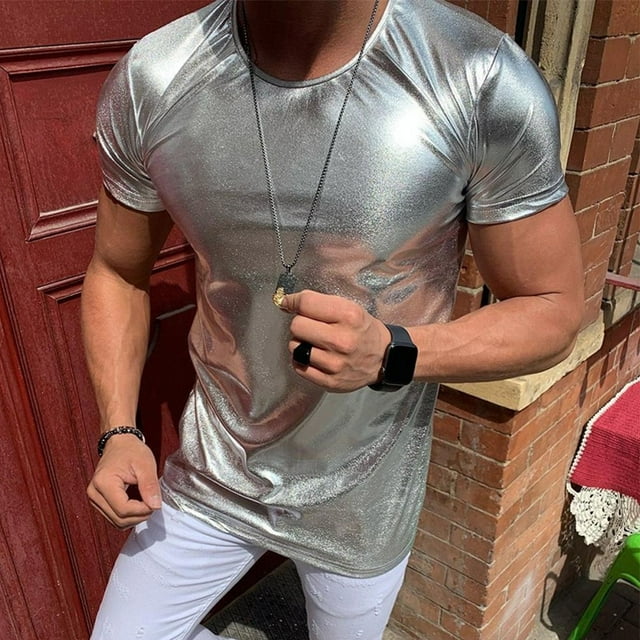 MYG Mens Wet Look Faux Leather Short Sleeve T-Shirt Tees Muscle Tops Party Clubwear