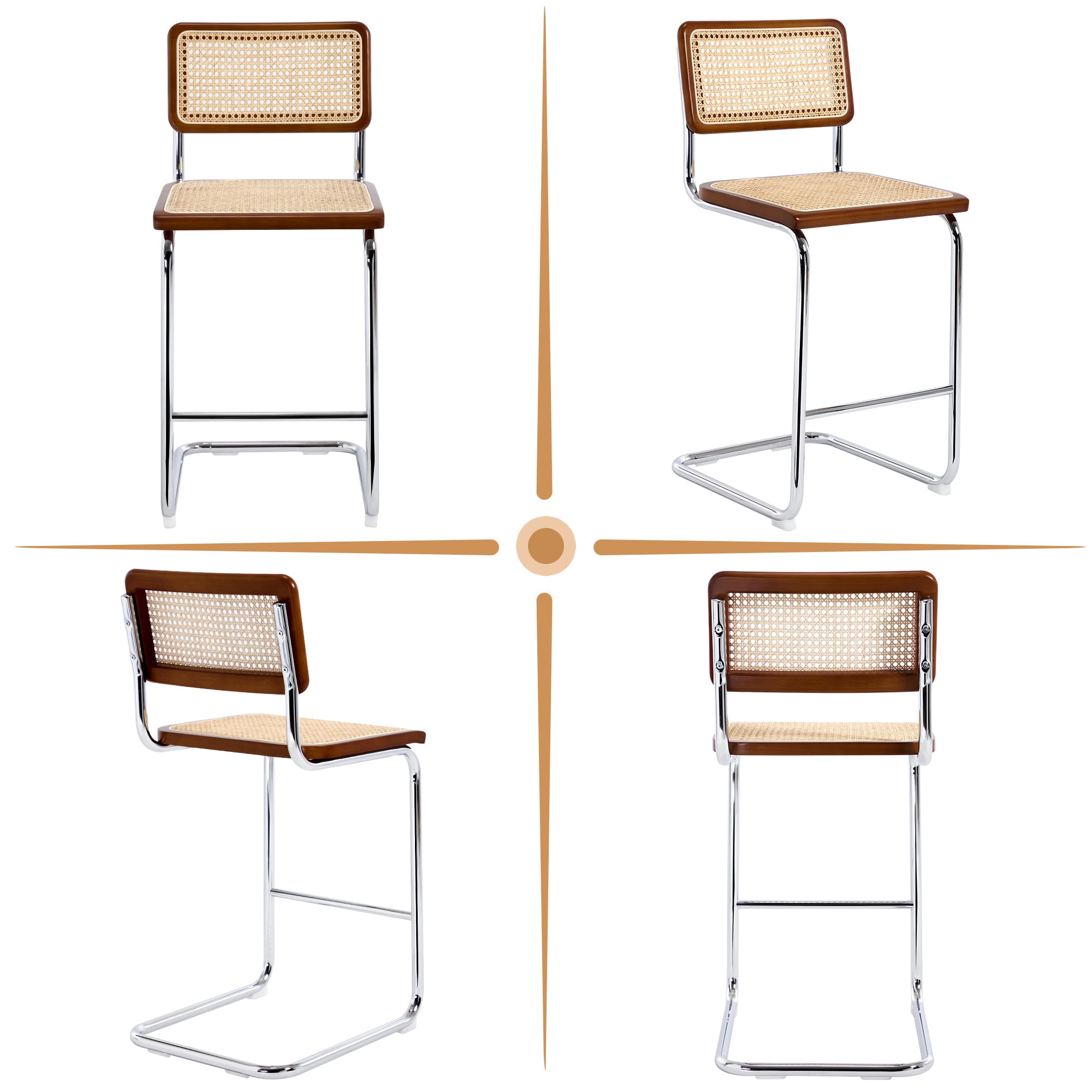 Zesthouse Rattan Counter Height Bar Stools Set of 2, 24.8" Counter Height Chairs with Cane Back, Mid Century Modern Barstools for Kitchen Island, Walnut Tone