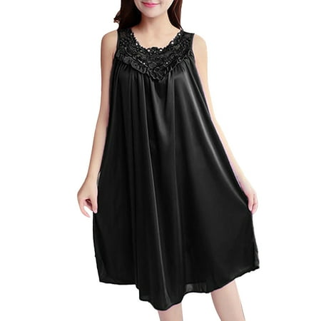 

Women s Nightgowns & Sleepshirts Casual Solid Sleeveless Round Neck Lace Splice Pullover Loose Black One Size Night Dress