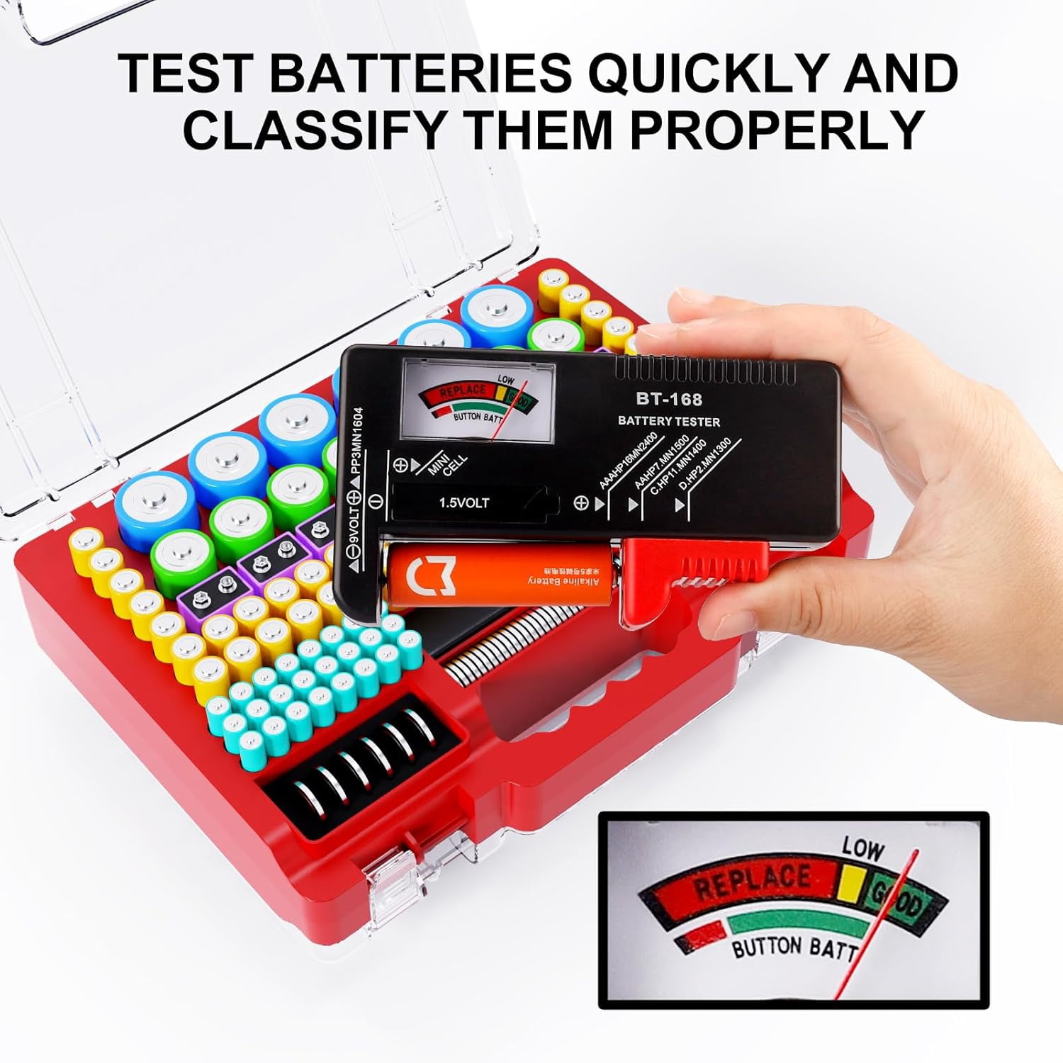 HRTGFD-Battery Organizer Storage Holder Box Case with Tester, Ultra-Large 262+ Batteries Container with Double-Sided, Holds AA AAA 4A 23A C D Cell 9V 3V Lithium 4LR44 CR3 CR123A 18650 (Red)