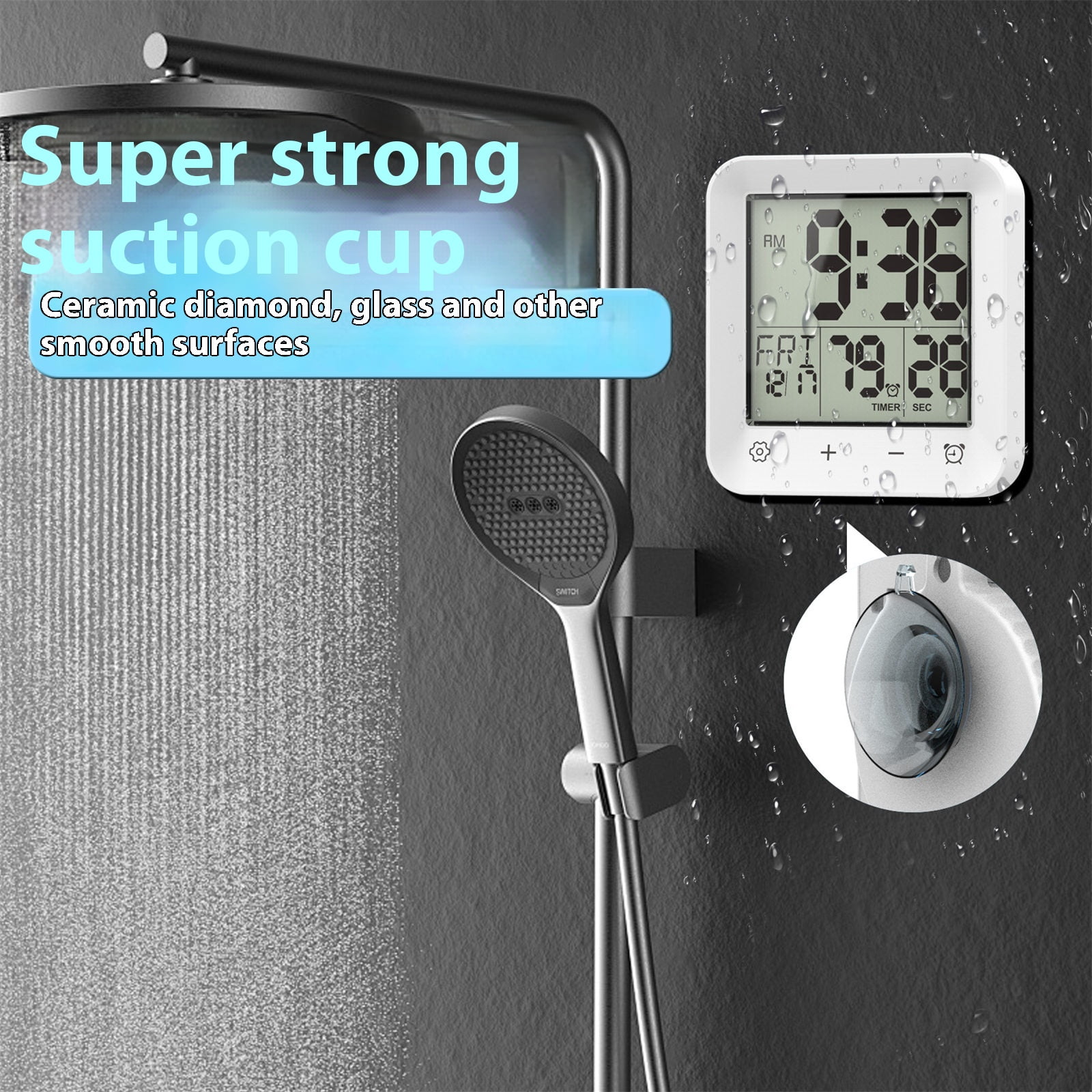Bathroom Clock Kitchen Wall Clock with LCD Screens Shower Clocks with Suction Cup,Temperature Calendar Water Resistant