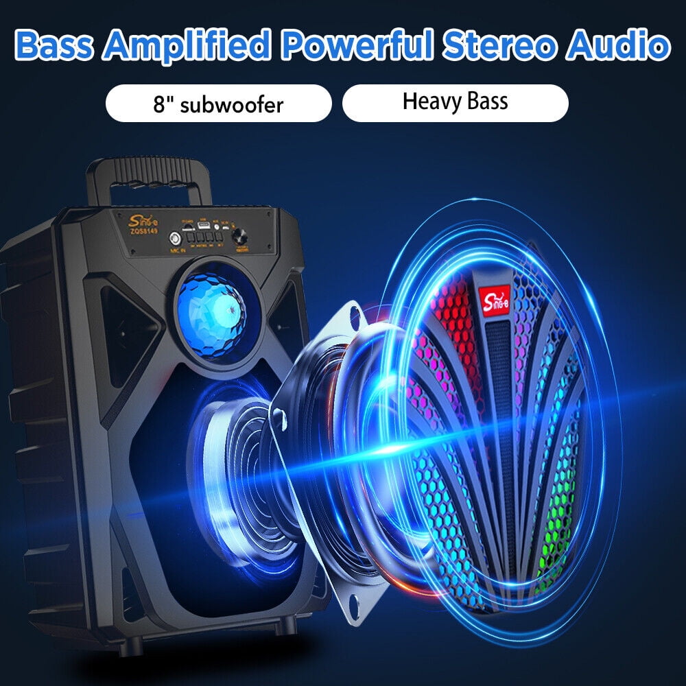 8Inch Portable Bluetooth 5.0 Speaker, Party Speaker Stereo Subwoofer Heavy Bass Sound System with Colorful LED Lights and Mic, Black