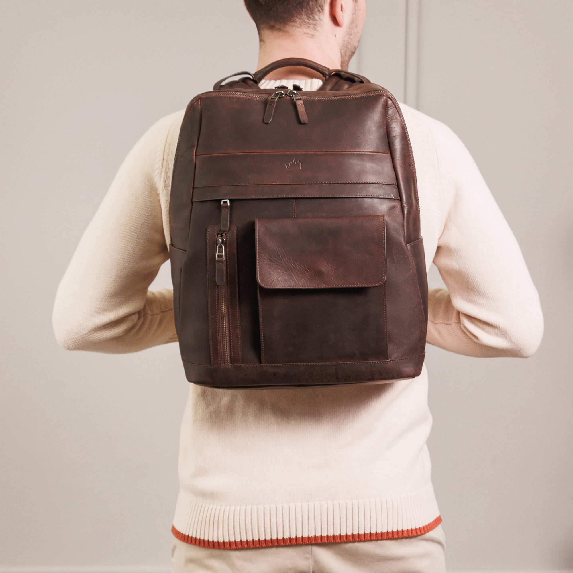 VELEZ Dark Brown Top Grain Leather Backpack for Men Daypack Vintage Laptop Bag