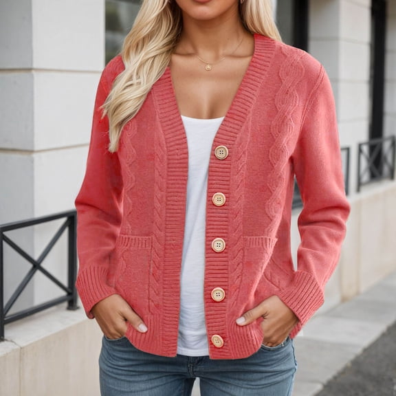 Women's Open Front Cardigans Loose V Neck Button Cable Knitted Sweater Coat Long Sleeve Casual Outerwear New Pinky S