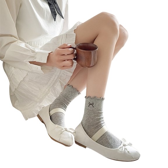 Stylish Embroidered Bowknot Middle Calf Socks Mesh Cotton Frilly Socks for Women