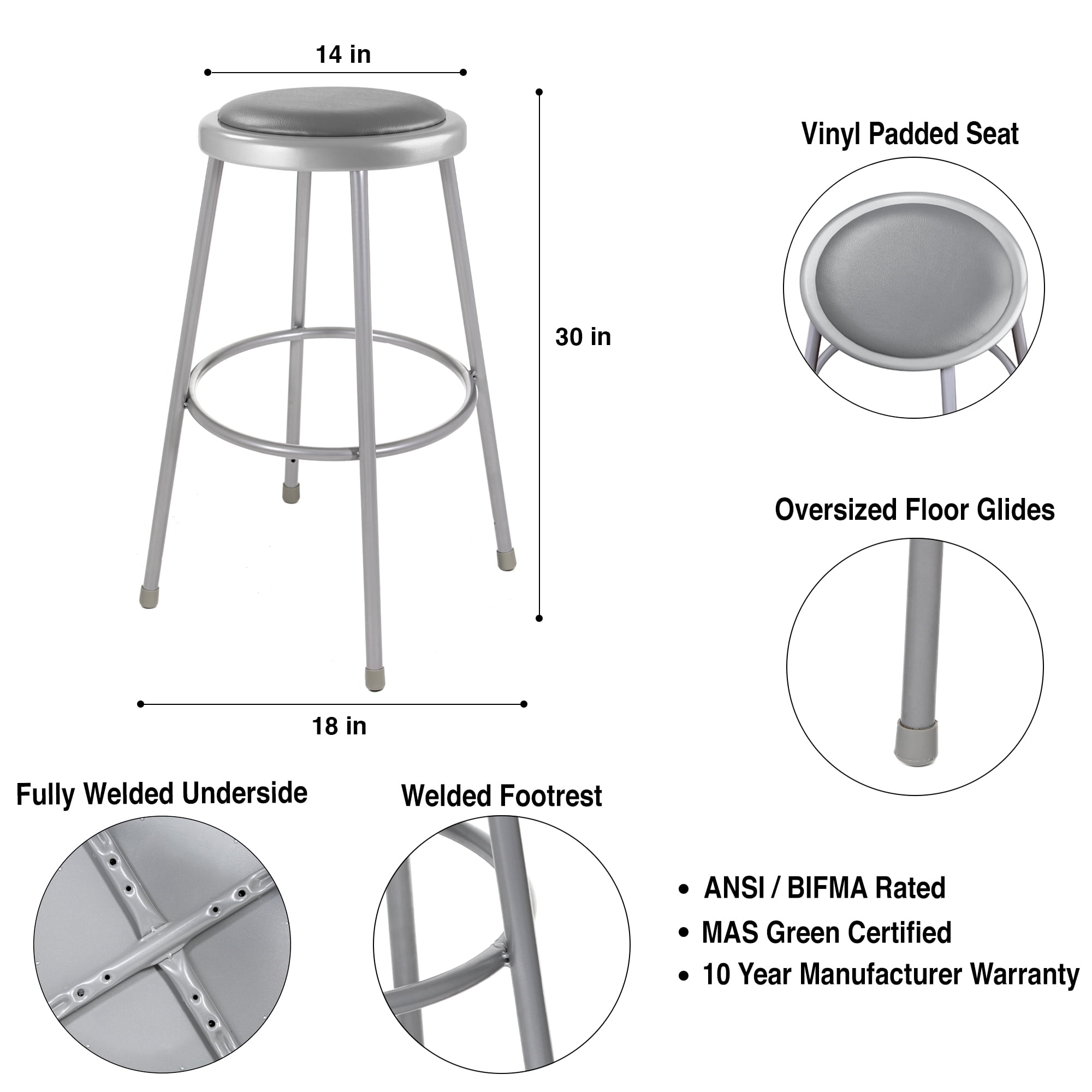 Hampden Furnishings Otto Collection 30" Vinyl Padded Science Stool, Grey, Pack of 2