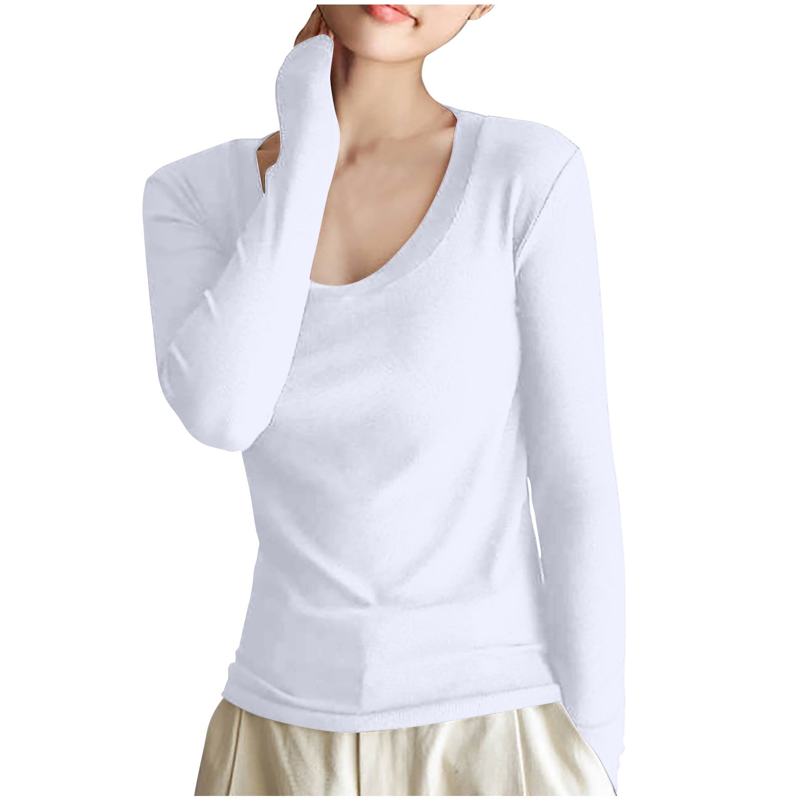Timegard Womens Tops Scoop Neck Long Sleeve Undershirts Comfy Solid Color Tee Fall Casual Slim Tops