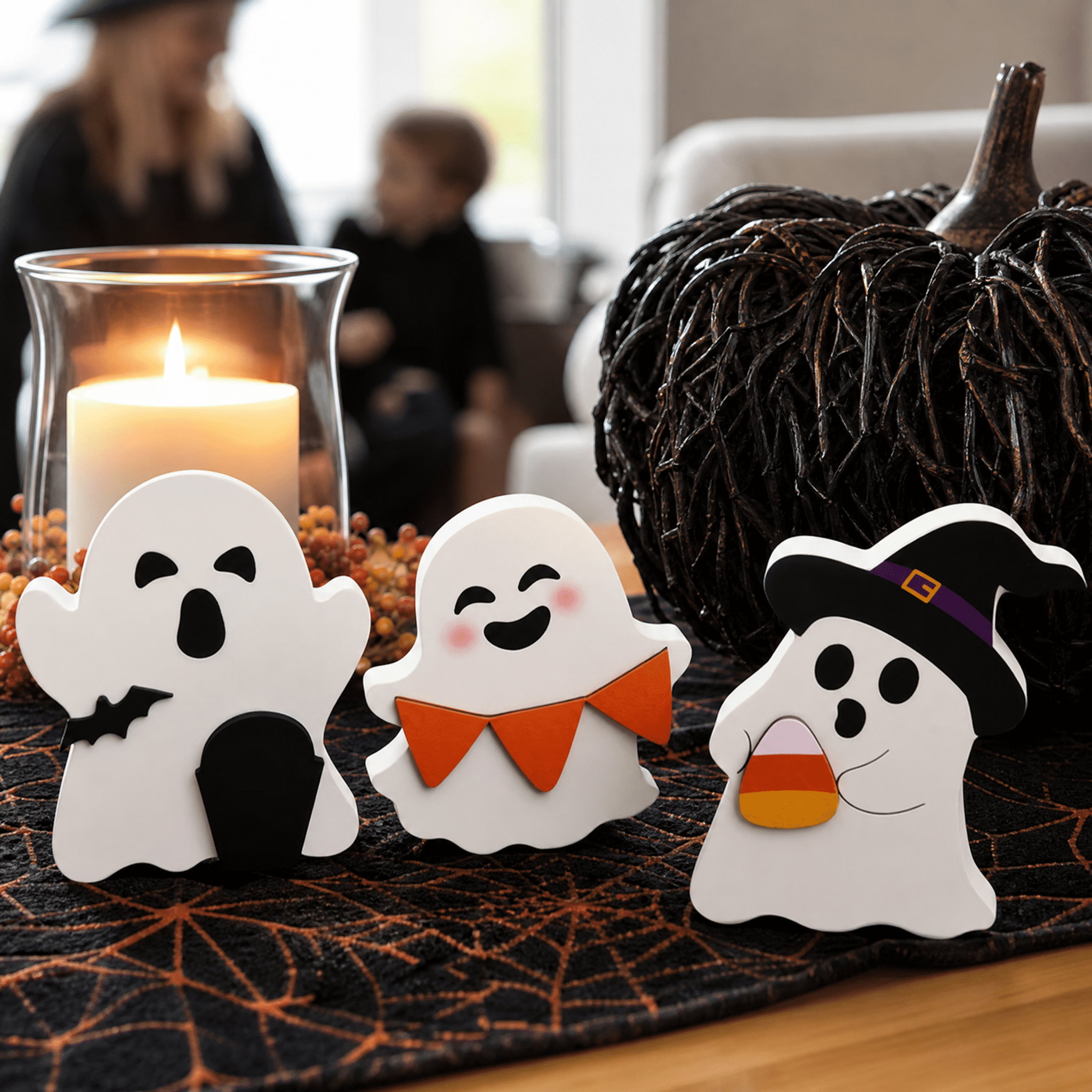 Cute Ghost Halloween Decorations Indoor, Wooden Tiered Tray Decor Table Sign Set of 3, Black Cat Bat Witch Broom Signs Pumpkin Blocks for Party Home Shelf Display