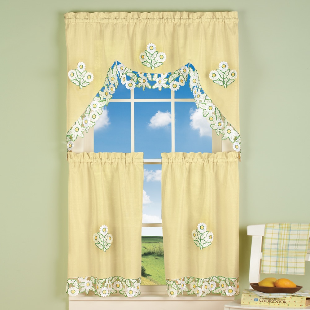 Yellow Embroidered Daisy Rod Pocket 3 Piece Kitchen Cafe Curtain Set