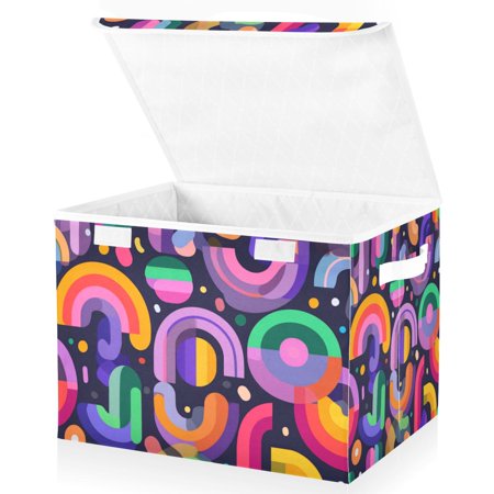 Foldable Fabric Storage Bin With Handle Collapsible Basket Box Storage With Lid Organizer Vector Pattern Thick Neon