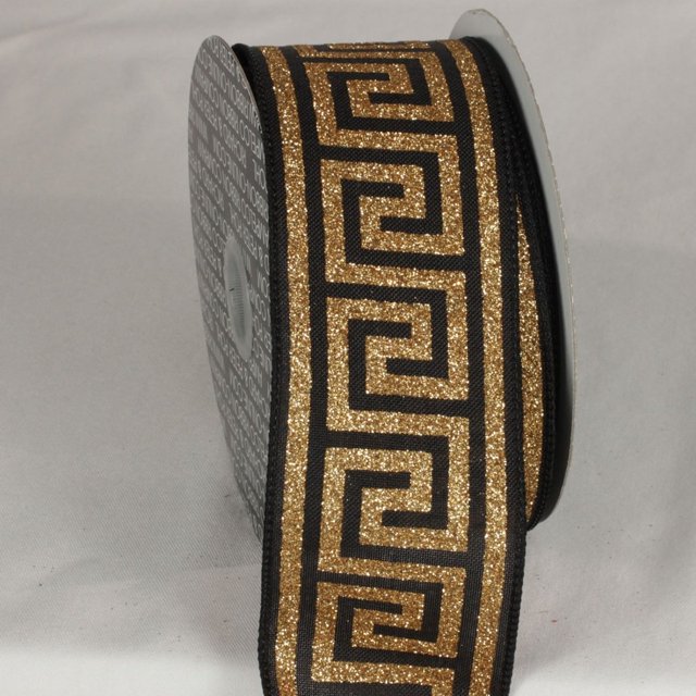 The Ribbon People Gold and Midnight Black Greek Key Wired Craft Ribbon 2.5" x 20 Yards