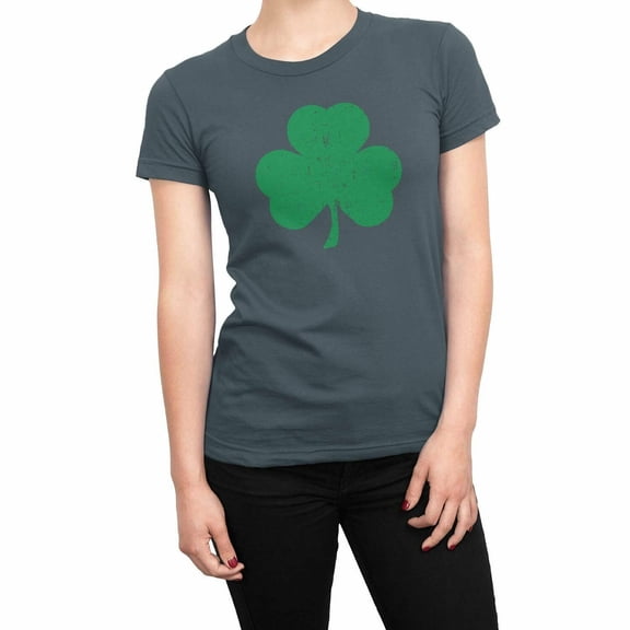 NYC FACTORY USA Screen Printed Ladies Shamrock Tee St Patrick's Day Womens Irish T-Shirt Charcoal-Distressed-Big, XL
