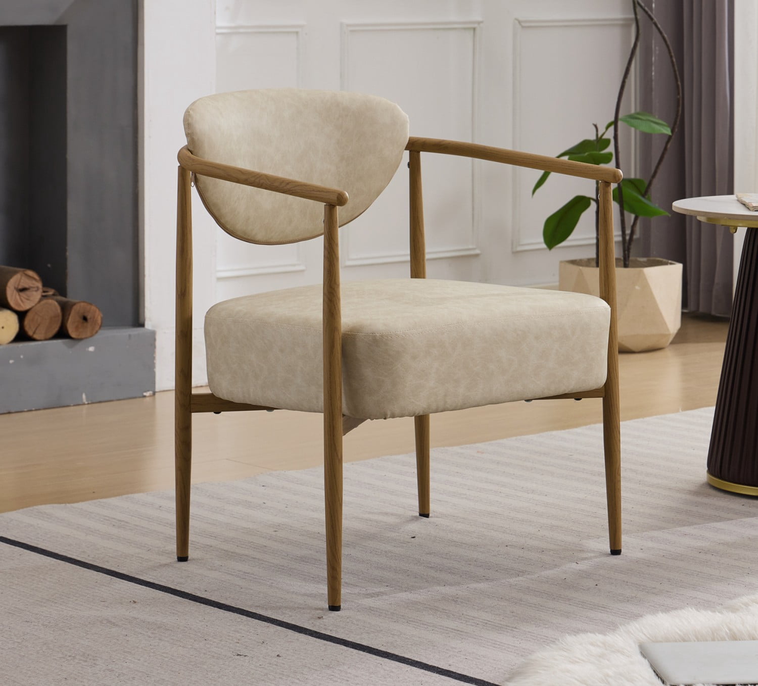 Beige PU Leather Dining Chair Living Room Chair with Metal Frame Wood Grain Water Transfer Finish, Upholstered Foam Seat Bedroom Dining Room Accent Chair