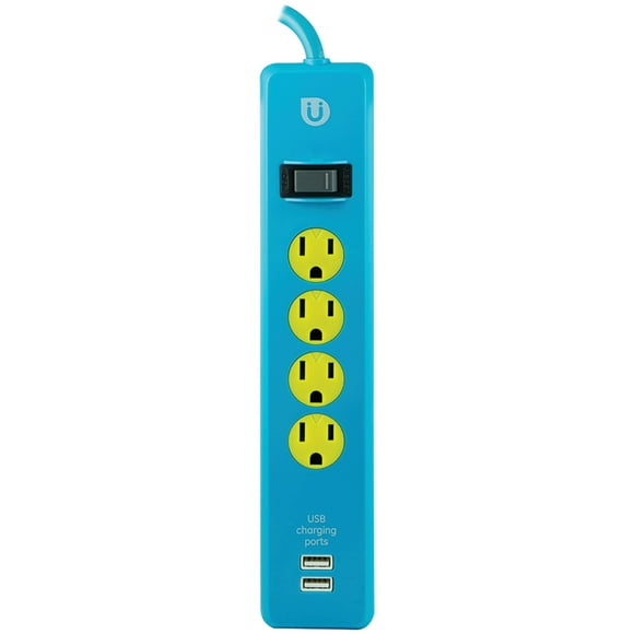 UBER(TM) Uber 25117 4-Outlet Power Strip with 2 USB Ports, 4ft Cord (Blue & Yellow)
