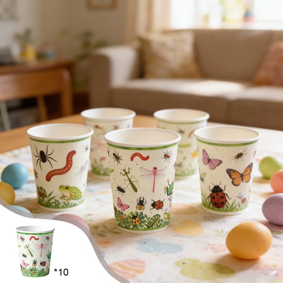 Wooowa Easter Themed Paper Cups, Spring and Insect Design, Party Tableware Set