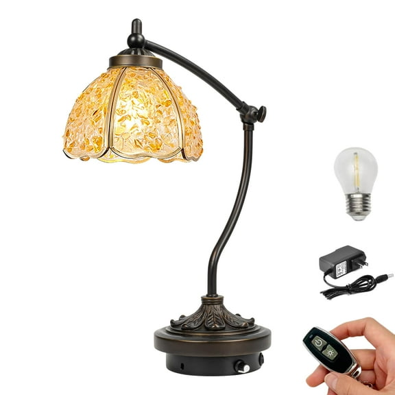 Kiven Cordless Table Lamp,1-Light Dimmable Bedside Lamps for Nightstand with Glass Lampshade, Tiffany-Style Rechargeable Desk Lamp for Reading Home Decor Bedside DZ0586B