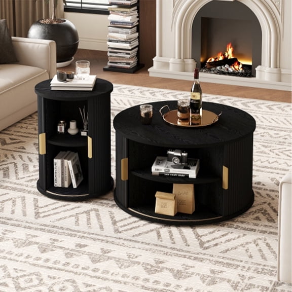 Kevinplus Nesting Coffee Table Set 2 with Sliding Tambour Door, Round Fluted End Table With Storage for Living Room, Black