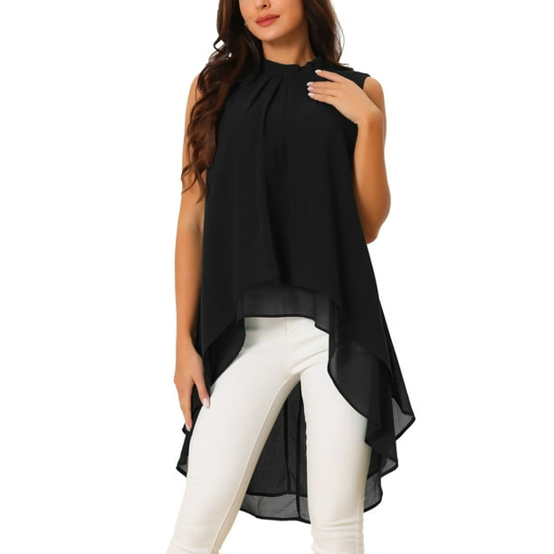 INSPIRAR CHIC Blusas sin mangas de gasa para mujer con cuello alto, lazo en la espalda, dobladillo asimétrico, camiseta de verano XL negra