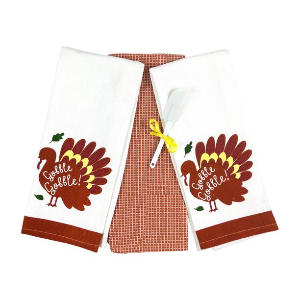 Thanksgiving Turkey Kitchen Towels Set 3 Pc. Fun Fall Gobble Greetings