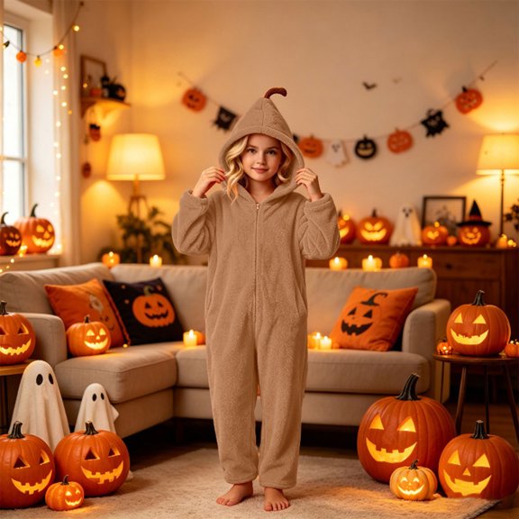 BRGZLK Halloween Pumpkin Onesie for Boys Girls 2026 Trendy Cute Long Sleeve Flannel Soft Cozy Plush Hooded Jumpsuit Winter Warm Fuzzy One Piece Jumpsuits Brown 10-11 Years