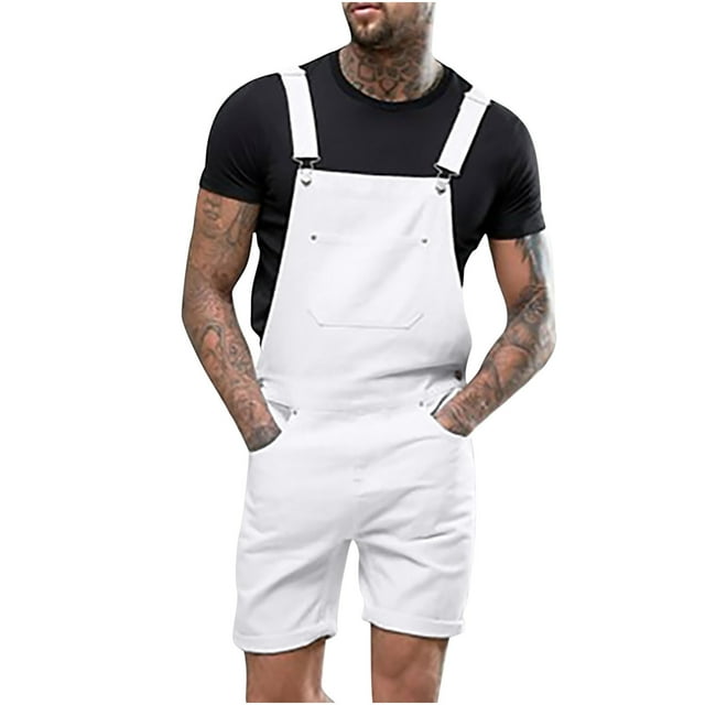 NaWent Men's Shorts Clearance Solid Breast Pocket Denim Ripped Pants Straight Type Overalls White M