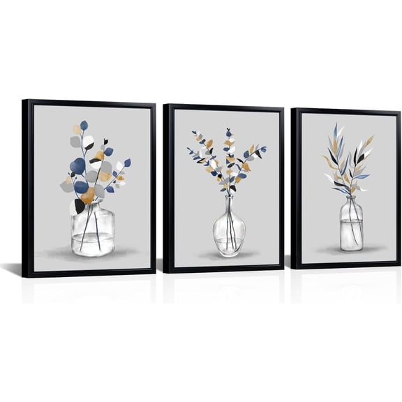 Hieng Botanical Canvas Wall Art Blue Grey Painting Pictures Gold Plant Leaves with Vases Artwork for Bathroom Home Office Wall Decor(only canvas)