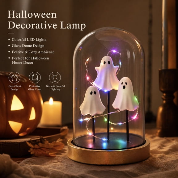 Feledorashia Ghost Dome Light, Halloween Table Lamp, Halloween Accent for Table Mantel Shelf Desk Nightstand and Party Display, Plastic and Lighting Components with Ghost Scene Under a Clear Dome