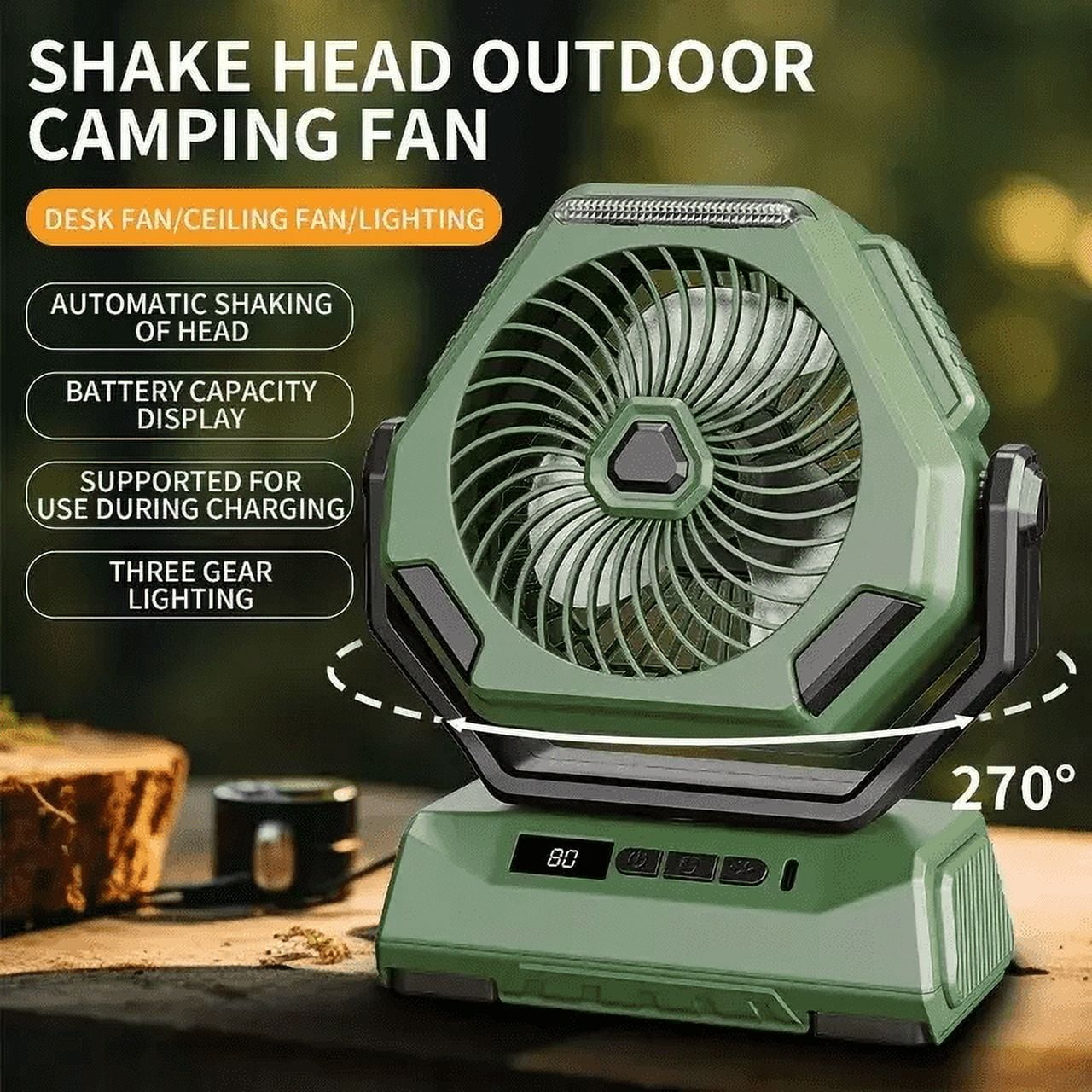 Fiuion 10400mAh Camping Fan with LED Lantern 3 Speed Rechargeable Tent Fan 270° Rotation Green