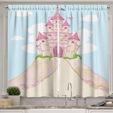 Ambesonne Cartoon Kitchen Curtains, Big Palace on Mountain, 55"x39", Pale Blue Beige and Pink