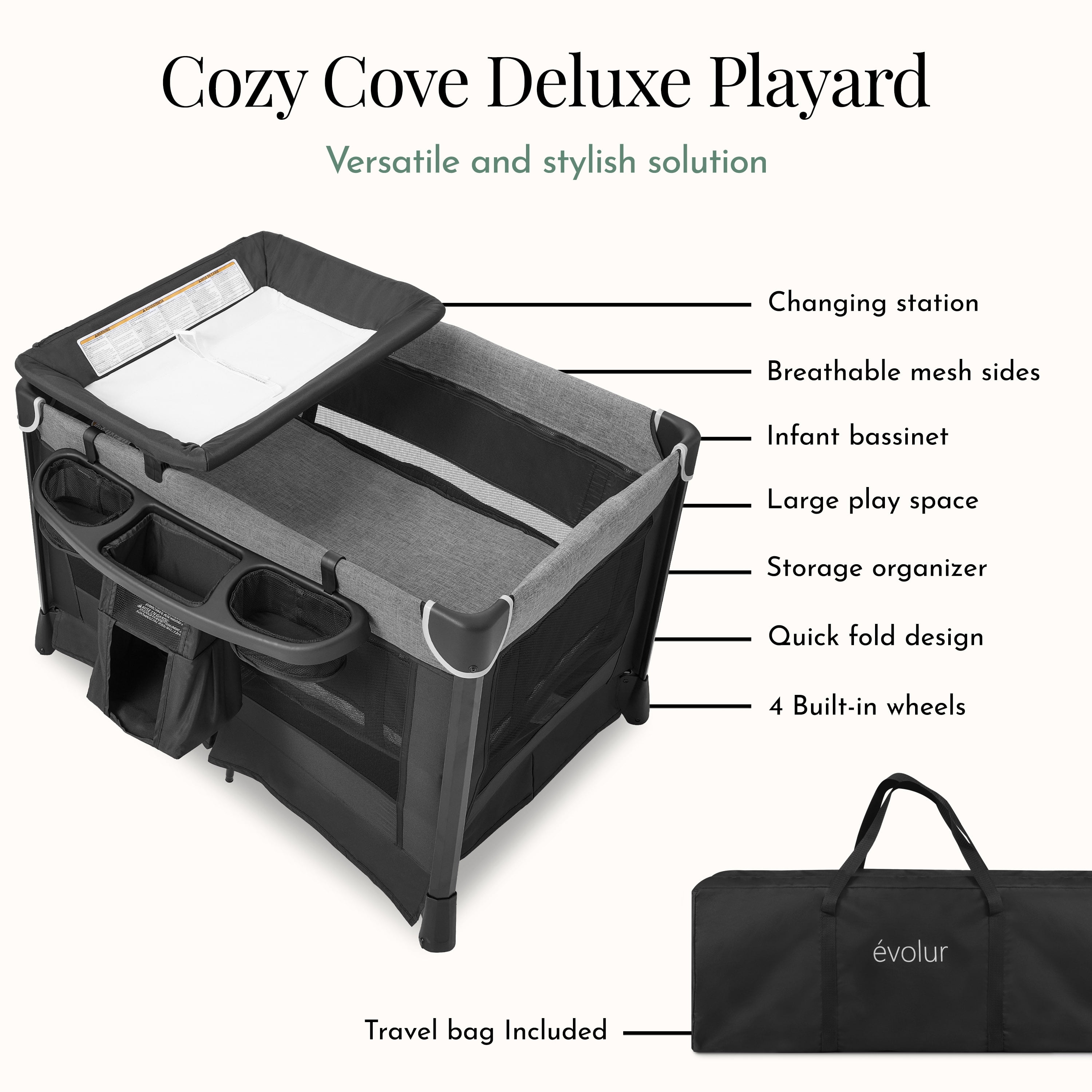Evolur Cozy Cove Deluxe Playard, Black