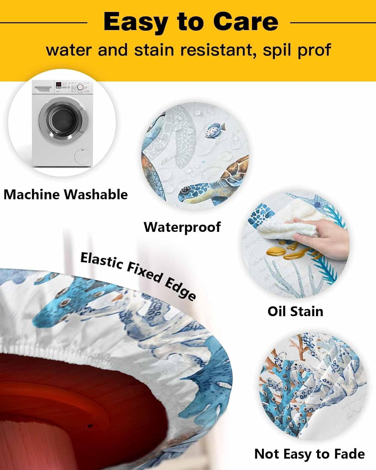 Coastal Turtle Round Tablecloth Fitted Table Cover, Elastic Tablecloths Waterproof Outdoor Indoor Stretch Cloth Tablecover for Dinner, Party, Shower, Nautical Blue Coral Vintage Coastal Summer 45-52IN