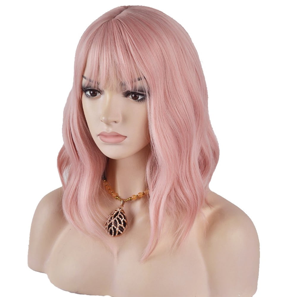 14 Inches Short Wigs Wavy, Rose Gold Synthetic Wigs for Women, Pink