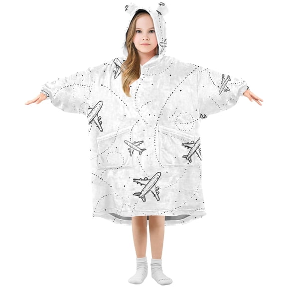 Plane Track Hand Painted Flannel Wearable Blankets Hooded Design Long Sleeves Wrap Unisex for 3T-14Y S
