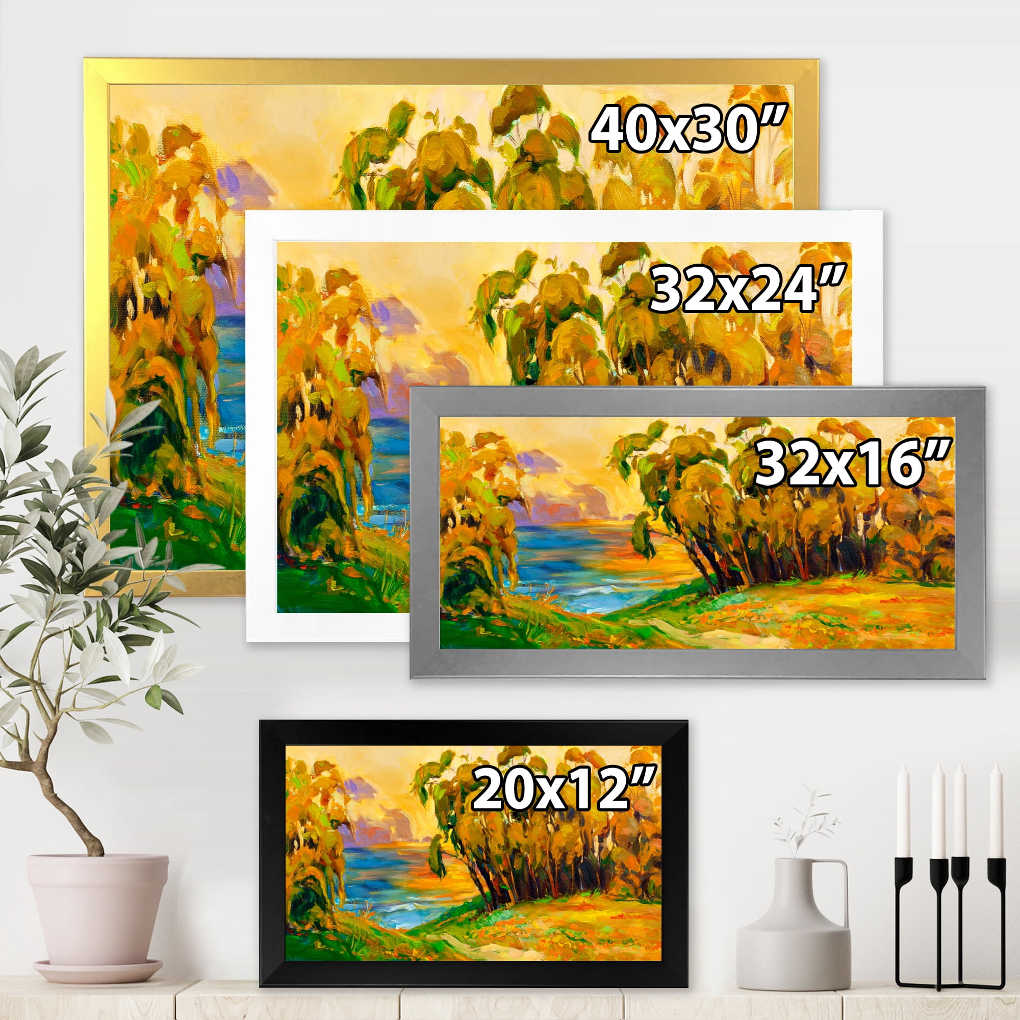 Brown Trees By The Riverside During Evening Glow 32 in x 24 in Framed Painting Canvas Art Print, by Designart