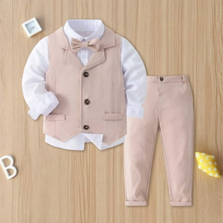 Baby Outfits Boy formal Solid Color Long Sleeve Button-Down Shirt Vest Pants And Bow Tie 4 Pcs Baby Boy Outfit Pink 4-5 Years