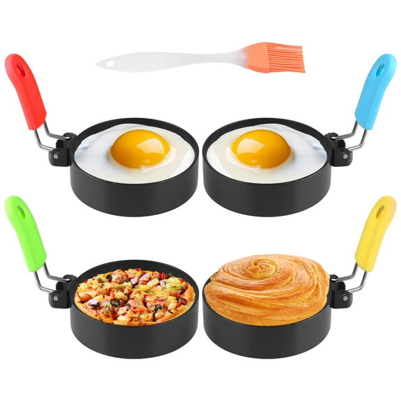 AndHot Egg Rings Set of 2 with Silicone Handle, Round Mold for English Muffins,Pancake Mold for Indoor Camping Breakfast Sandwiches Egg Mcmuffins